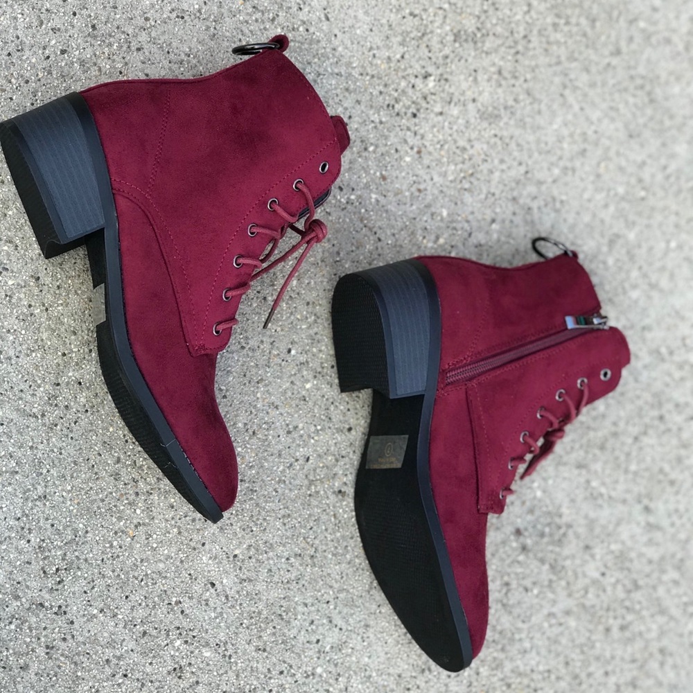 New! Kennedy Burgundy Wine Faux Suede COMBAT BOOTS - Picture 5 of 8